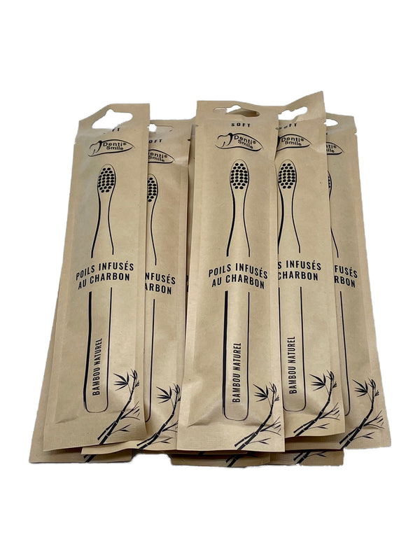 Lot de 10 brosses à dents souples craft BAMBOU infusées au charbon